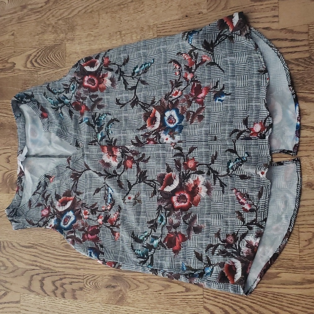 (S) Cleo Houndstooth Floral Top Lightweight Casual Lounge Weekend Classic